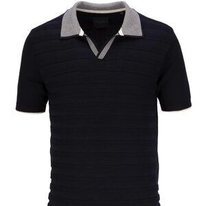 Guide London Navy Tonal Stripe Rib Knit Buttonless Short Sleeve Polo